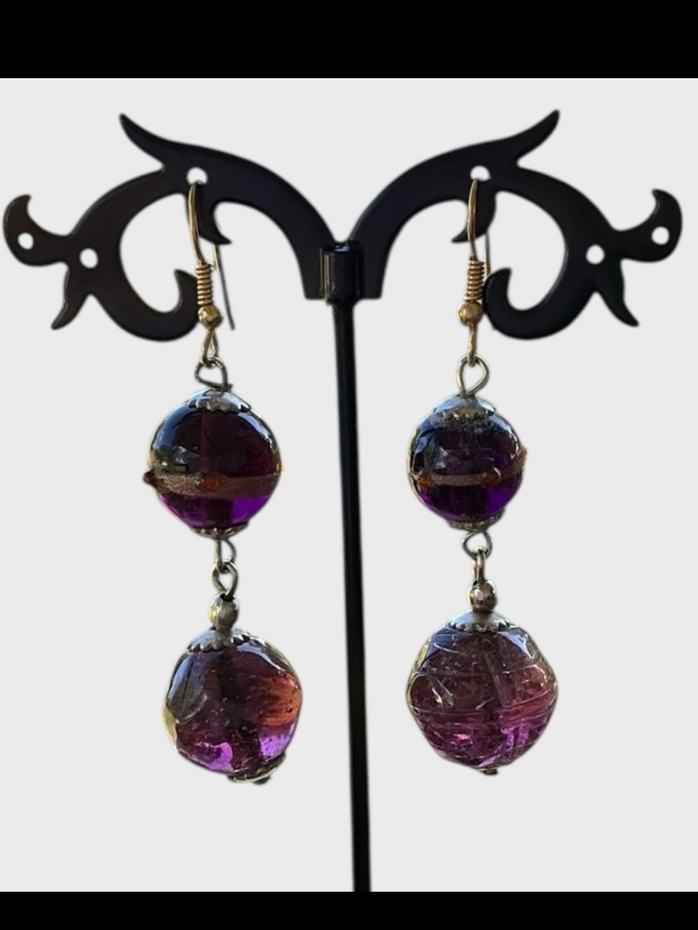 Vintage Purple Glass Bead Dangle Earrings Gold Silver Tone Handmade
